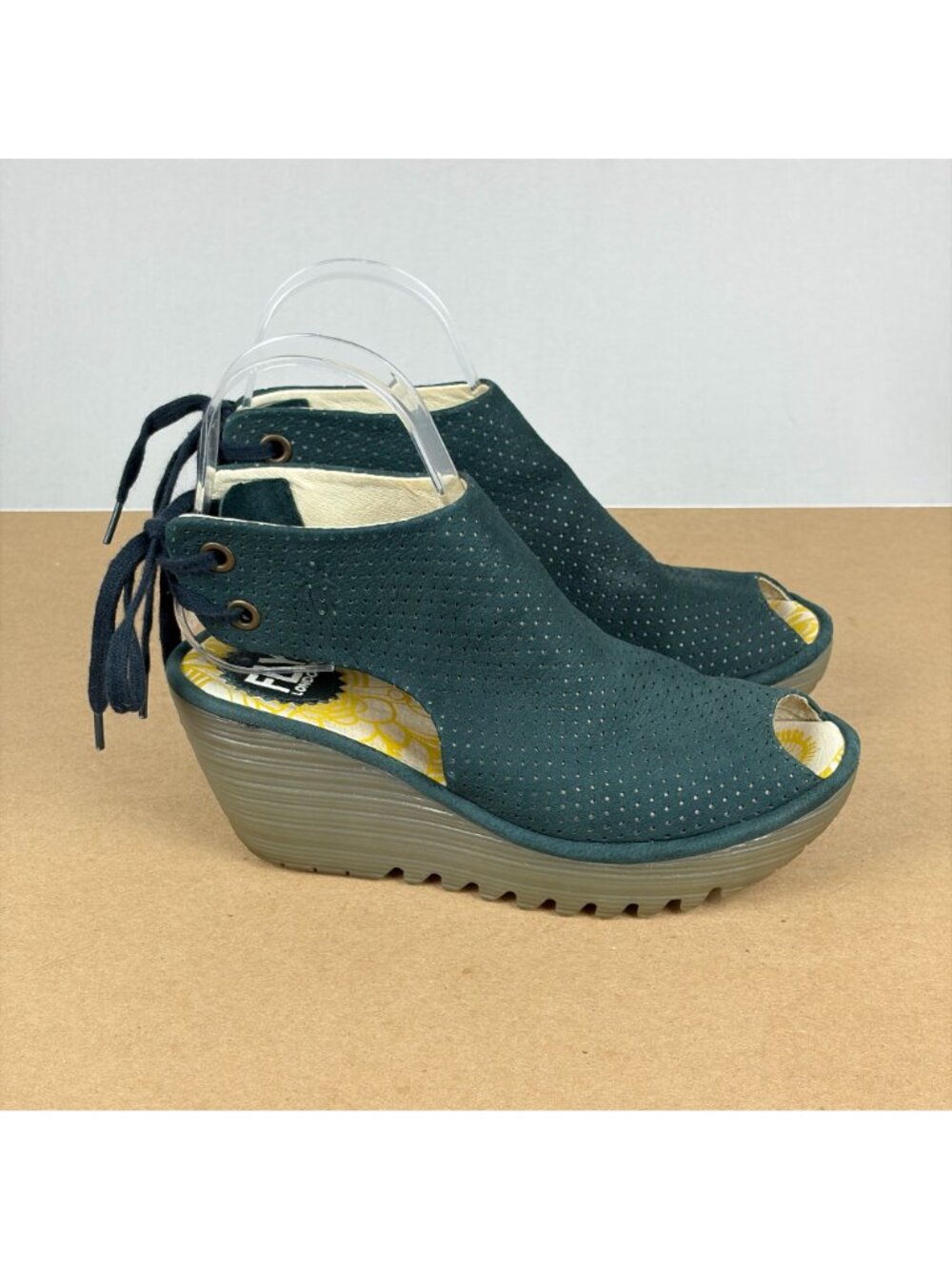 Fly London Yuzu Leather Wedge Sandals Womens 6 EU 36 Dark Green Lace Up Heel - Picture 3 of 10